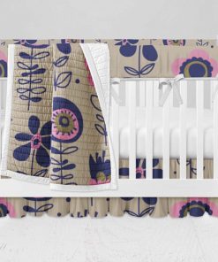 Bumperless Crib Set with Ruffle Skirt and Modern Rail Cover - Pink Folk Flowers