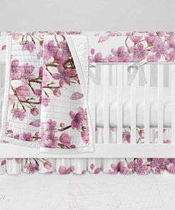 Bumperless Crib Set with Ruffle Skirt and Modern Rail Cover - Cherry Blossoms