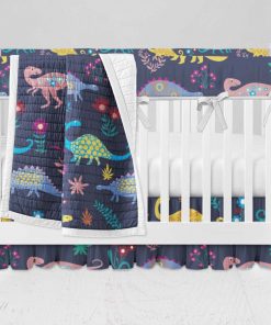 Bumperless Crib Set with Ruffle Skirt and Modern Rail Cover - Pretty Dino
