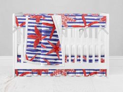Bumperless Crib Set with Ruffle Skirt and Modern Rail Cover - Blue & Orange Starfish