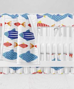 Bumperless Crib Set with Ruffle Skirt and Modern Rail Cover - More Fish