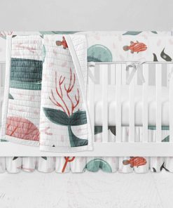 Bumperless Crib Set with Ruffle Skirt and Modern Rail Cover - Whale & Jellyfish