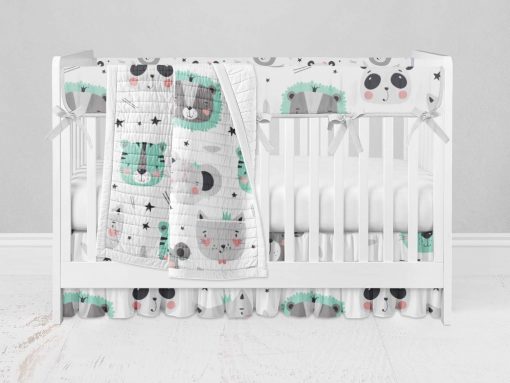 Bumperless Crib Set with Ruffle Skirt and Modern Rail Cover - Baby Animals