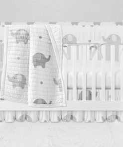 Bumperless Crib Set with Ruffle Skirt and Modern Rail Cover - Elephant Print Gray