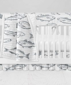 Bumperless Crib Set with Ruffle Skirt and Modern Rail Cover - Fish Find