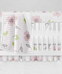 Bumperless Crib Set with Ruffle Skirt and Modern Rail Cover - Dainty Pink Flowers