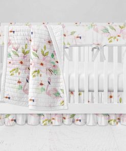 Bumperless Crib Set with Ruffle Skirt and Modern Rail Cover - Floral Flamingo