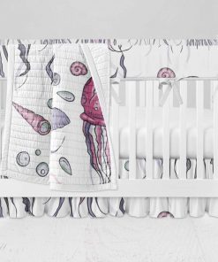 Bumperless Crib Set with Ruffle Skirt and Modern Rail Cover - JellyFish & SeaShells