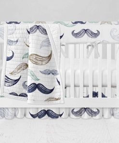 Bumperless Crib Set with Ruffle Skirt and Modern Rail Cover - Moustache