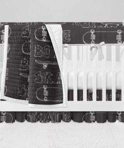 Bumperless Crib Set with Ruffle Skirt and Modern Rail Cover - Skateboard Sketch Black