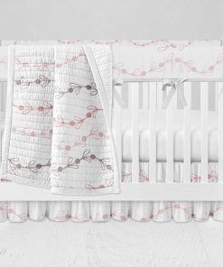 Bumperless Crib Set with Ruffle Skirt and Modern Rail Cover - Big Pink Vines