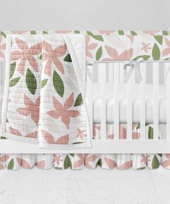 Bumperless Crib Set with Ruffle Skirt and Modern Rail Cover - Mod Pink Flower