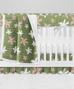 Bumperless Crib Set with Ruffle Skirt and Modern Rail Cover - Mod Pink Flower on Green