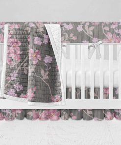 Bumperless Crib Set with Ruffle Skirt and Modern Rail Cover - Pink Blooms