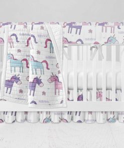 Bumperless Crib Set with Ruffle Skirt and Modern Rail Cover - Happy Unicorns