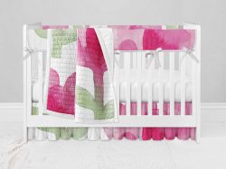 Bumperless Crib Set with Ruffle Skirt and Modern Rail Cover - Watercolor Heart Flowers