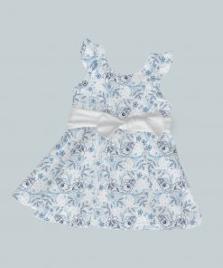 Dress with Ruffled Sleeves and Bow - Blue Birds Floral