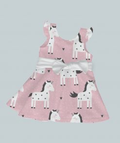 Dress with Ruffled Sleeves and Bow - Unicorns on Pink