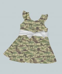 Dress with Ruffled Sleeves and Bow - Dino Camo