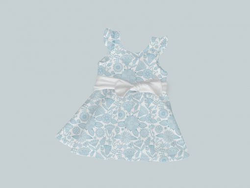 Dress with Ruffled Sleeves and Bow - Blue Illustrated Flowers