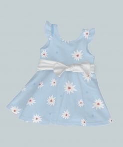 Dress with Ruffled Sleeves and Bow - Blue Daisies