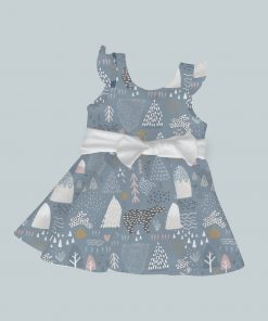 Dress with Ruffled Sleeves and Bow - Bear Blue