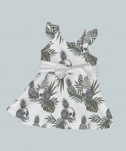 Dress with Ruffled Sleeves and Bow - Skull Pineapple Black & Green