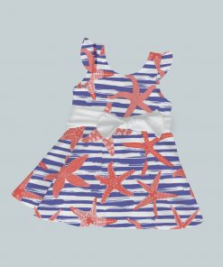 Dress with Ruffled Sleeves and Bow - Blue & Orange Starfish
