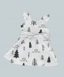Dress with Ruffled Sleeves and Bow - Trees on White
