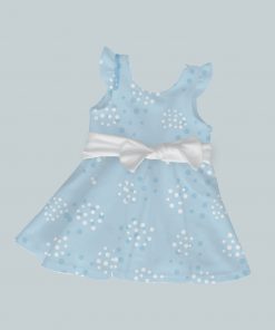 Dress with Ruffled Sleeves and Bow - Soft Blue Dots