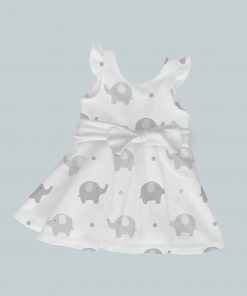 Dress with Ruffled Sleeves and Bow - Elephant Print Gray