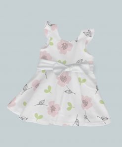 Dress with Ruffled Sleeves and Bow - Dainty Pink Flowers