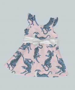 Dress with Ruffled Sleeves and Bow - Blue & Pink Tigers