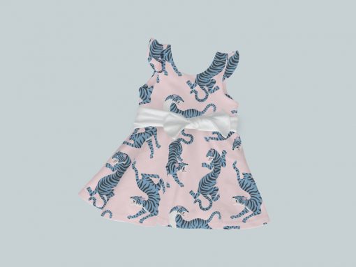 Dress with Ruffled Sleeves and Bow - Blue & Pink Tigers