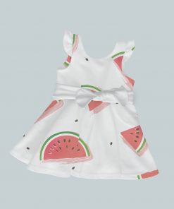Dress with Ruffled Sleeves and Bow - Watermelon Slices & Seeds