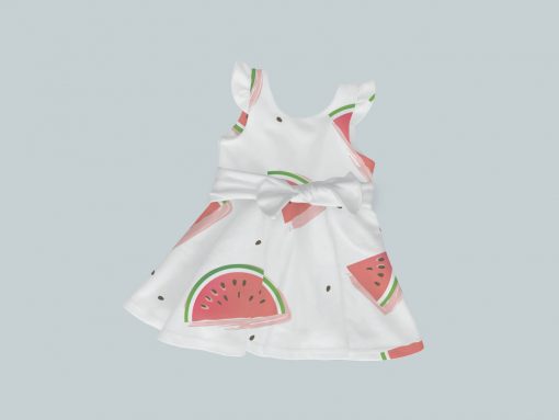 Dress with Ruffled Sleeves and Bow - Watermelon Slices & Seeds
