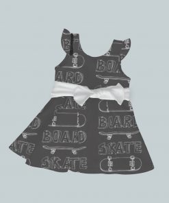 Dress with Ruffled Sleeves and Bow - Skateboard Sketch Black