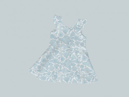 Dress with Ruffled Sleeves - Blue Illustrated Flowers