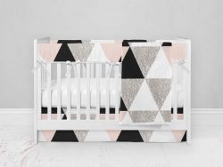 Bumperless Crib Set with Modern Skirt and Modern Rail Covers - Geo Check Pink