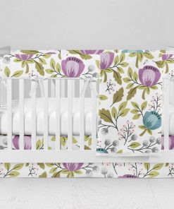 Bumperless Crib Set with Modern Skirt and Modern Rail Covers - Floral Teal Purple