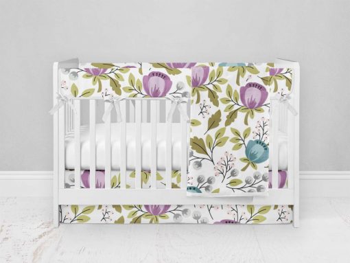 Bumperless Crib Set with Modern Skirt and Modern Rail Covers - Floral Teal Purple