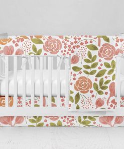 Bumperless Crib Set with Modern Skirt and Modern Rail Covers - Coral Flowers