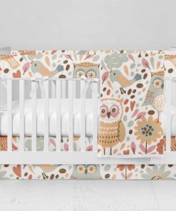 Bumperless Crib Set with Modern Skirt and Modern Rail Covers - Owl Folk