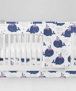 Bumperless Crib Set with Modern Skirt and Modern Rail Covers - Happy Whale