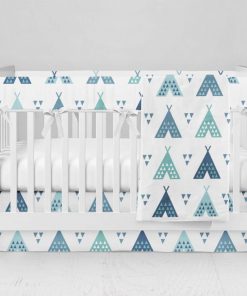 Bumperless Crib Set with Modern Skirt and Modern Rail Covers - Teal Teepee