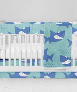 Bumperless Crib Set with Modern Skirt and Modern Rail Covers - Funny Shark
