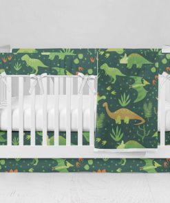 Bumperless Crib Set with Modern Skirt and Modern Rail Covers - Dino Green