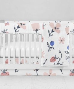 Bumperless Crib Set with Modern Skirt and Modern Rail Covers - Abstract Flowers & Berries