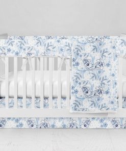 Bumperless Crib Set with Modern Skirt and Modern Rail Covers - Blue Birds Floral