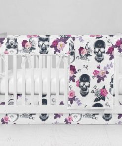 Bumperless Crib Set with Modern Skirt and Modern Rail Covers - Floral Skulls